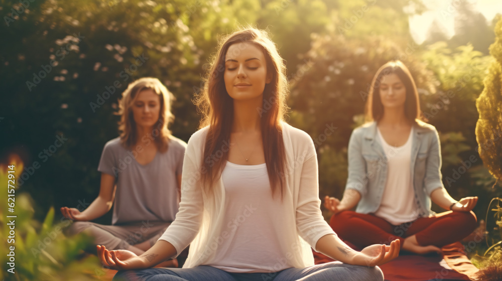 Group of People Meditate in the Garden, Yoga, Generative AI