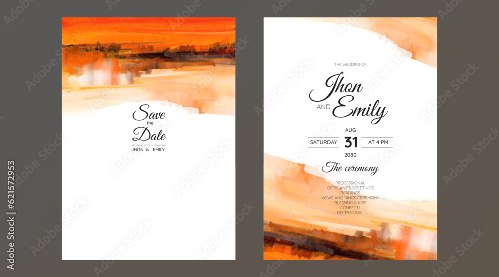 Set of Wedding Invitation, watercolor textures and fake gold splashes for a luxurious touch