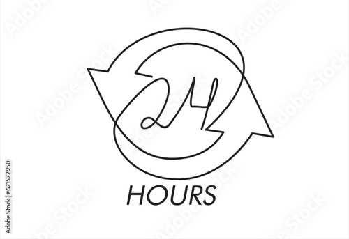 Continuous one line drawing of Twenty four hour with arrows loop , 24 hours cyclic sign, Opened order execution or delivery, All day business and service, Vector design illustration