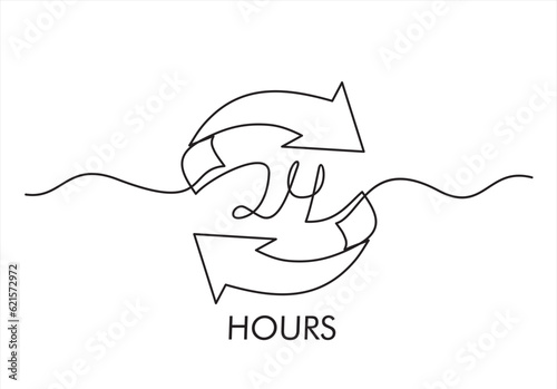 Continuous one line drawing of Twenty four hour with arrows loop , 24 hours cyclic sign, Opened order execution or delivery, All day business and service, Vector design illustration