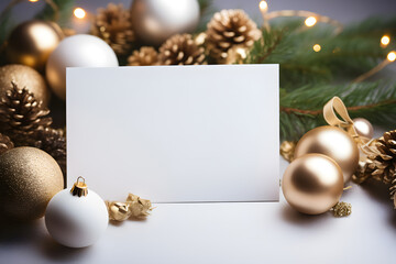 An empty postcard among the christmas decoration - golden fair-tree ornaments. Generative AI technology