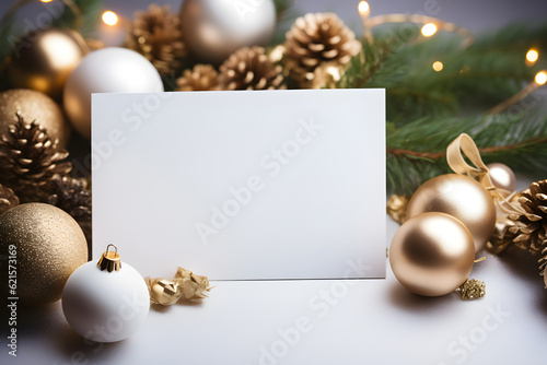 An empty postcard among the christmas decoration - golden fair-tree ornaments. Generative AI technology