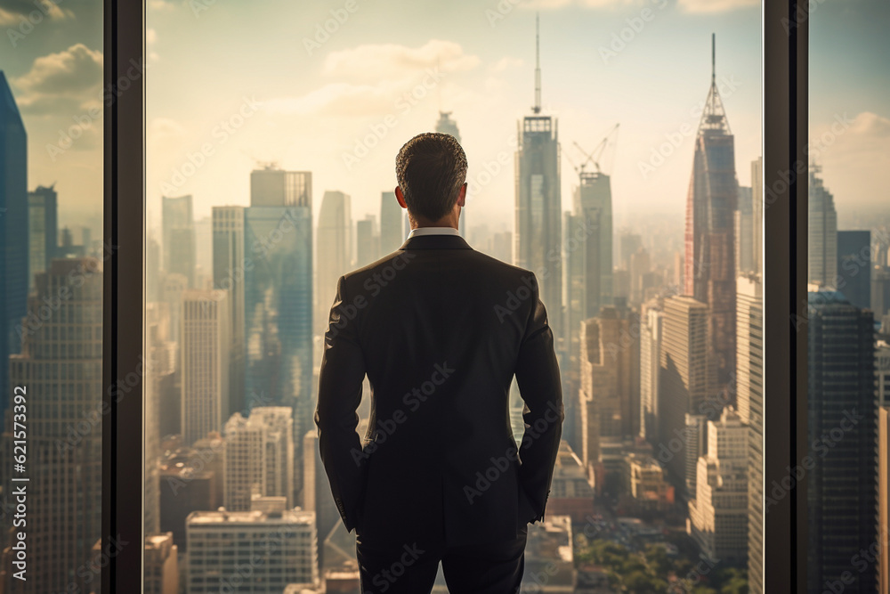 Fototapeta premium businessman looking out into city skyline with Generative AI