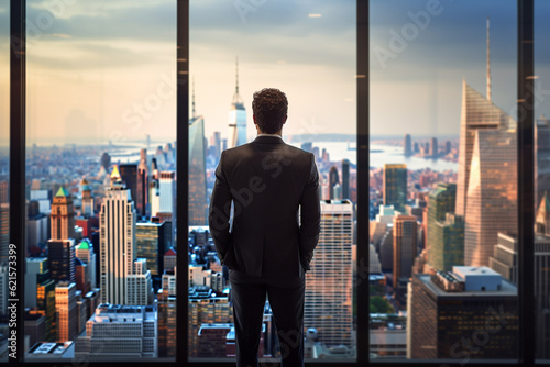 businessman looking out into city skyline with Generative AI