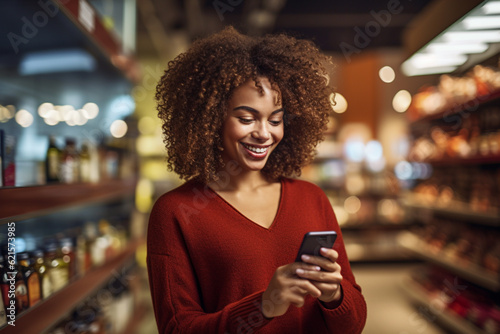 a happy woman uses her cell phone in a supermarket with Generative AI