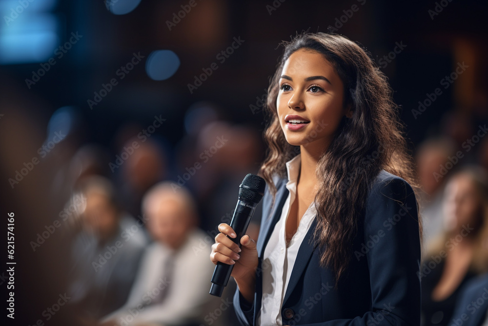 young woman giving a talk at a conference in a bright stage with Generative AI