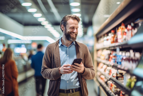 a happy man uses her cell phone in a supermarket with Generative AI