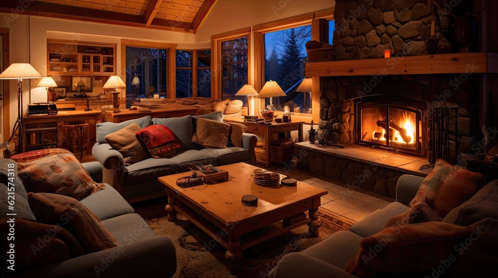 A cozy living room with a crackling fireplace and comfortable sofas, generative ai A cozy living room with a crackling fireplace and comfortable sofas, generative ai