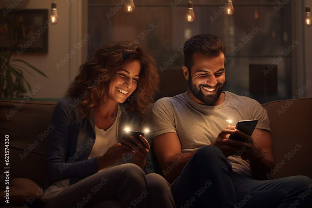 Fototapeta premium happy couple sitting on a sofa using cell phones in a living room with Generative AI
