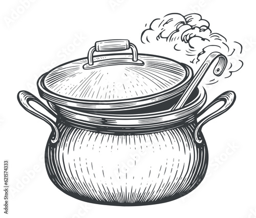 Pot with cooking soup and ladle and lid. Food preparation in saucepan. Sketch vector illustration