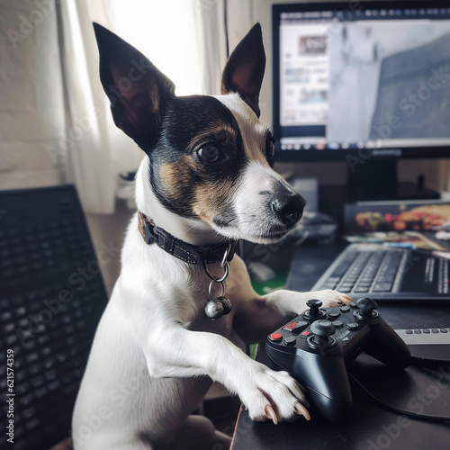 Generative aI illustrations, Little cute boy playing video game console seated on a sofa with basenji dog puppy