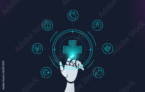 AI robot hand touching hologram button with hospital icon and internal organ. Concept illustration about the use of artificial intelligence technology to help treat patients.