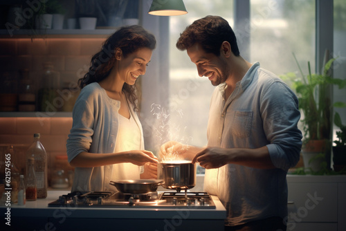 happy woman and man cooking and preparing food in the kitchen with Generative AI