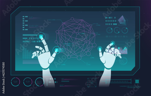 AI robot hand touching and pressing a hologram button on the screen display with a visual interface. Concept illustration about auto working with artificial intelligence.