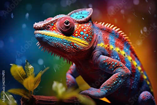 Colorful chameleon on a branch, a creative concept of adaptation and transformation. Generative AI