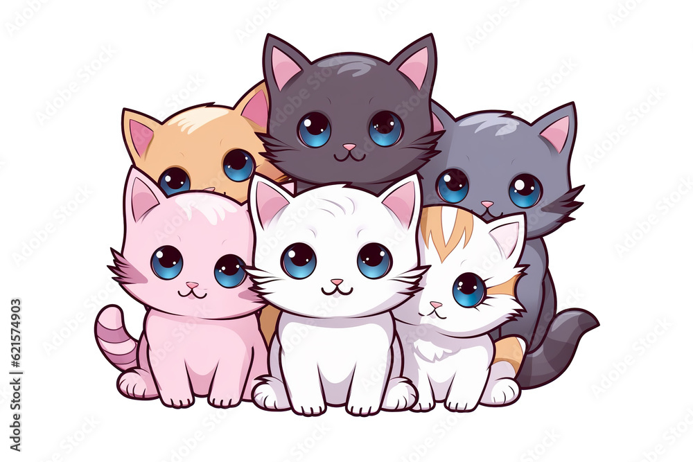 Fototapeta premium kawaii cute cats, kittens sticker image, in the style of kawaii art, meme art, animated gifs isolated white background PNG
