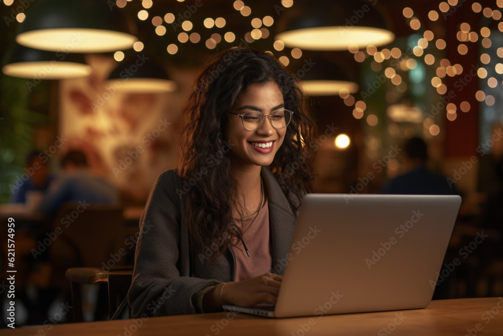 smiling woman working on laptop working with laptop with Generative AI smiling woman working on laptop working with laptop with Generative AI