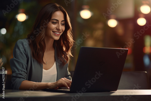 smiling woman working on laptop working with laptop with Generative AI