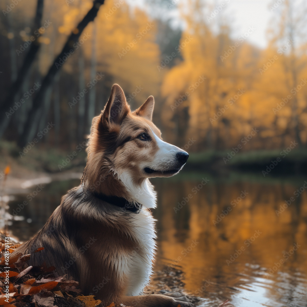 Generative AI illustrations, a dog in forest near lake , cute border collies in summer at water