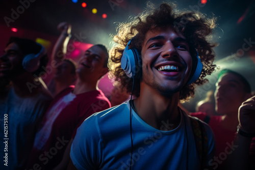 happy people and dj at the music party in the dark night club with Generative AI