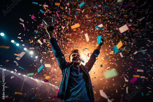 a happy winner on stage holding trophy in his hands with colorful light confetti with Generative AI