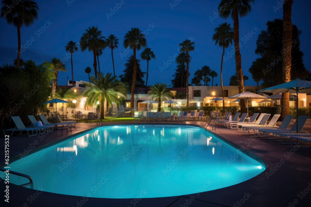 Tropical hotel swimming pool at night. Photorealistic illustration of Generative AI.