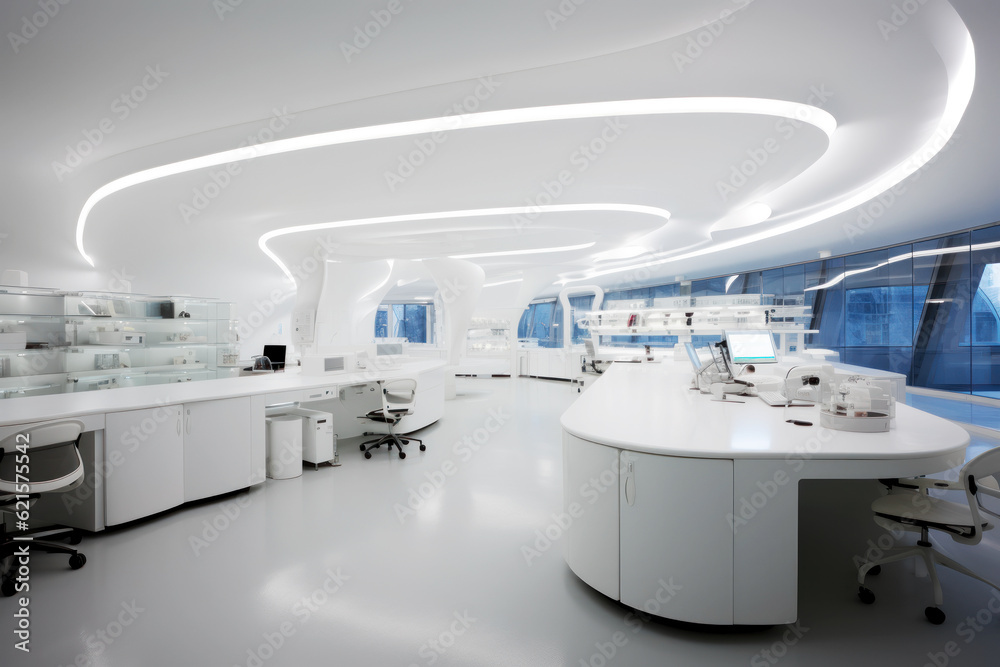 White futuristic science lab. Photorealistic illustration of Generative AI. White futuristic science lab. Photorealistic illustration of Generative AI.
