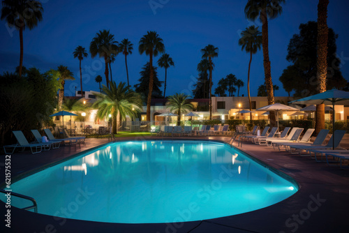 Tropical hotel swimming pool at night. Photorealistic illustration of Generative AI. © July P