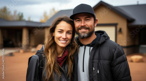 Couple standing in front of new house