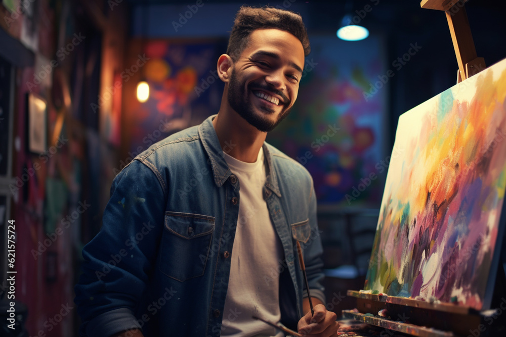 young happy man artist painter in studio at evening with Generative AI young happy man artist painter in studio at evening with Generative AI