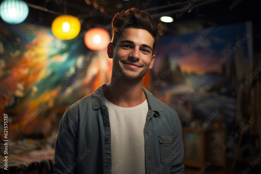 Fototapeta premium young happy man artist painter in studio at evening with Generative AI