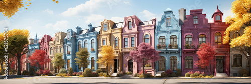 Colorful stucco traditional private townhouses. Residential architecture exterior.