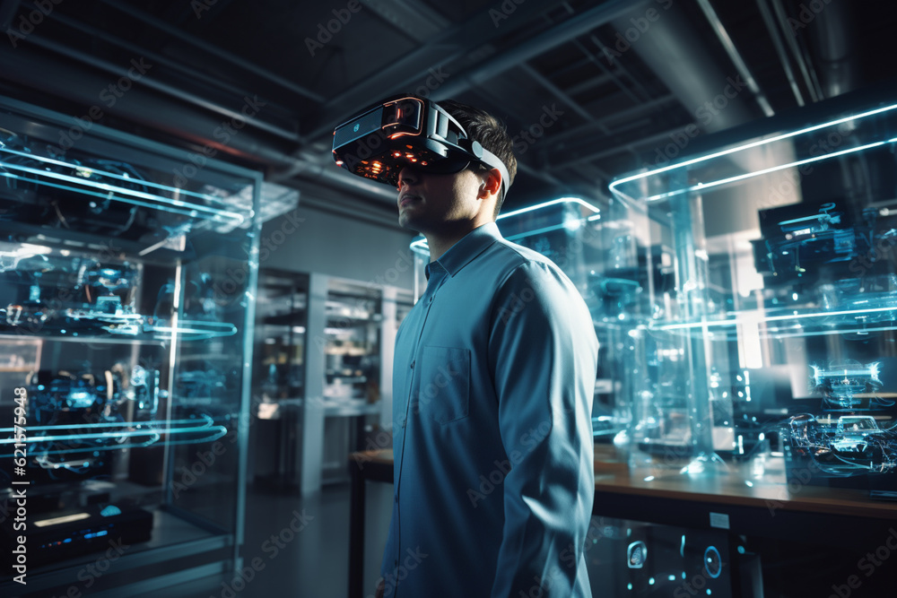 a male scientist in a room in a laboratory with virtual reality glasses with Generative AI a male scientist in a room in a laboratory with virtual reality glasses with Generative AI