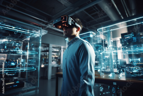 a male scientist in a room in a laboratory with virtual reality glasses with Generative AI