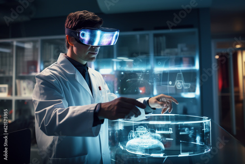 a male scientist in a room in a laboratory with virtual reality glasses with Generative AI