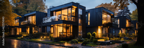 Modern modular private black townhouses. Residential architecture exterior. © Sasint