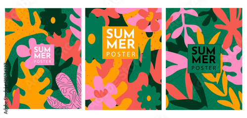 Summer bright illustrations set for poster, card, cover, label, banner in modern minimalist style with overlay effect. Modern and simple summer design templates with tropical leaves and plants