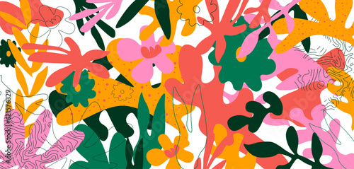 Abstract modern tropical pattern with bright leaves, vibrant flowers and exotic plants. Summer botanical background with colorful cutout shapes vector illustration