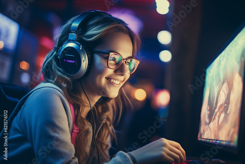 a happy gamer woman wearing headphones is using a computer at night with Generative AI