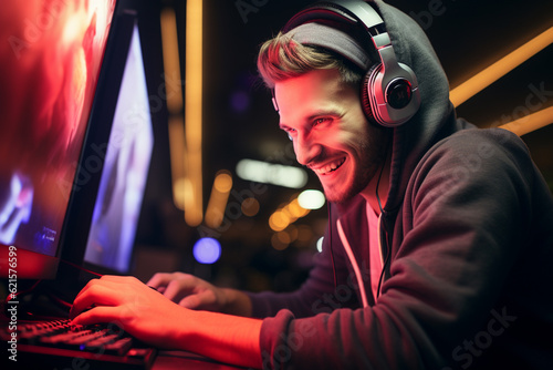 a happy gamer man wearing headphones is using a computer at night with Generative AI