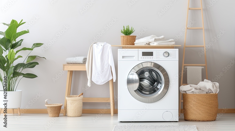 A sleek and modern washing machine and dryer set in a bright laundry room, generative ai A sleek and modern washing machine and dryer set in a bright laundry room, generative ai