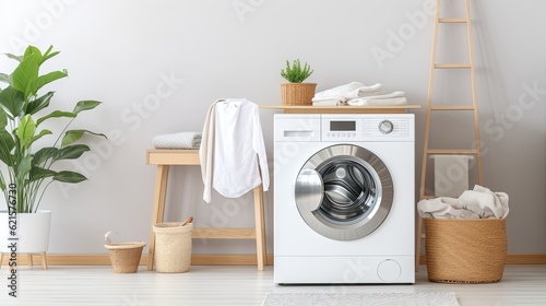A sleek and modern washing machine and dryer set in a bright laundry room, generative ai