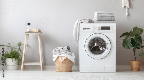 A sleek and modern washing machine and dryer set in a bright laundry room, generative ai photo