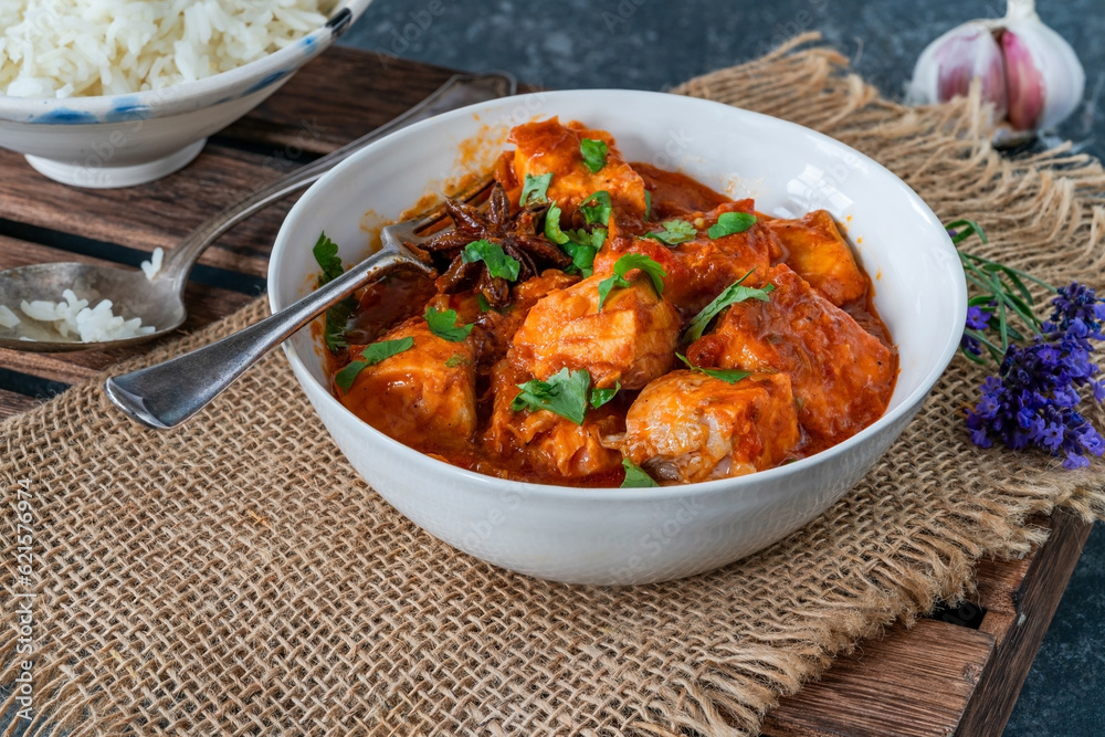 Salmon curry with basmati rice