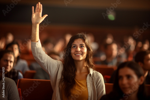 a female student raising hands at a lecture theatre with Generative AI