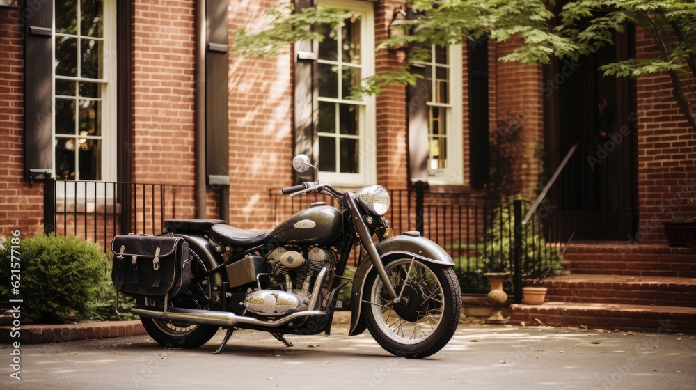 A vintage motorcycle parked in front of a charming old brick house, generative ai
