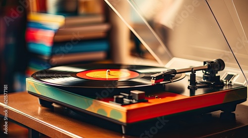 A vintage record player spinning a vinyl record with colorful album covers nearby, generative ai