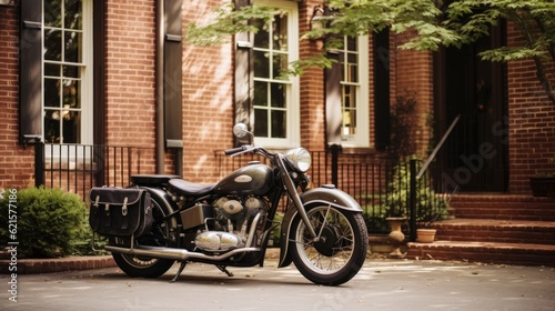 A vintage motorcycle parked in front of a charming old brick house, generative ai