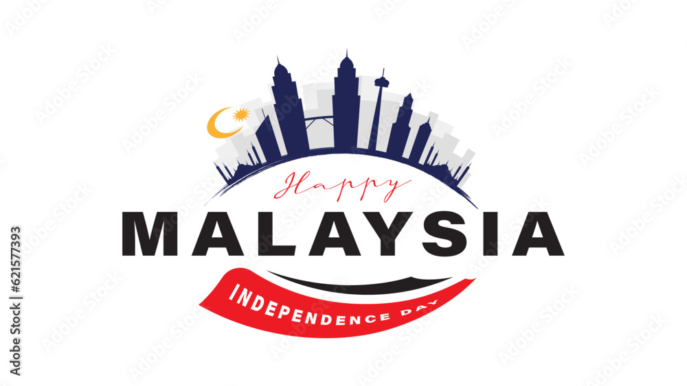 Happy Malaysia independence day banner design with building symbol background