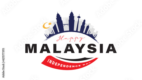 Happy Malaysia independence day banner design with building symbol background